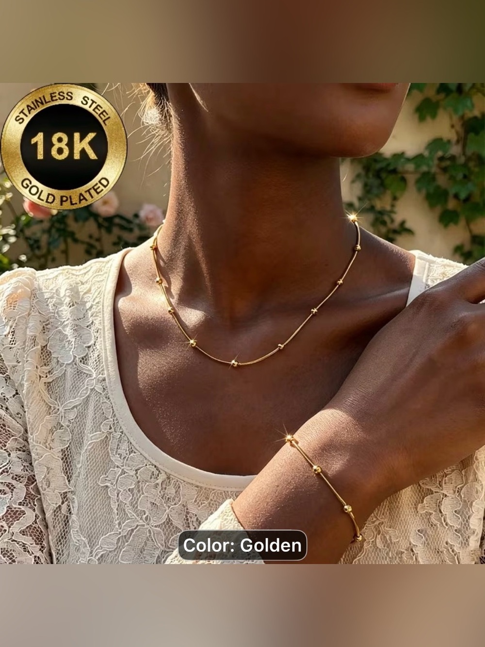2PCS Golden Bead Link Necklace and Bracelet Set - Women Jewelry